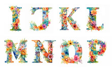 Set Of Watercolor Cute Summer Letters With Colorful Wildflowers On A White Background. Сapital Letters Of The English Alphabet: I, J, K, L, M, N, O, P.  AI Generated