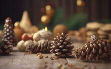 Pine Cones On Christmas Festival Background.