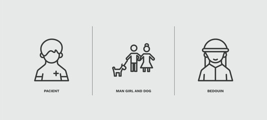 set of people and relation thin line icons. people and relation outline icons included pacient, man girl and dog, bedouin vector.