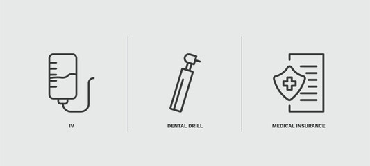 Poster - set of medical thin line icons. medical outline icons included iv, dental drill, medical insurance vector.