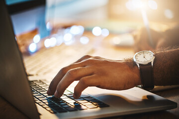 Aufkleber - Hand, office and businessman typing on laptop while doing research for corporate project at night. Planning, professional and closeup of male employee working overtime with computer in the workplace.