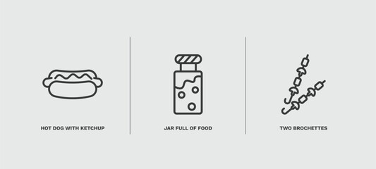 Sticker - set of restaurant thin line icons. restaurant outline icons included hot dog with ketchup, jar full of food, two brochettes vector.