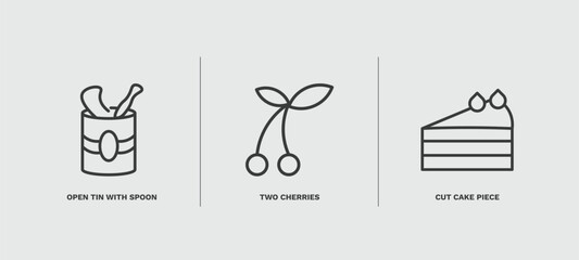 set of restaurant thin line icons. restaurant outline icons included open tin with spoon, two cherries, cut cake piece vector.