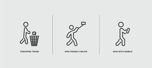 Wall Mural - set of behavior and action thin line icons. behavior and action outline icons included throwing trash, man taking a selfie, man with mobile phone vector.