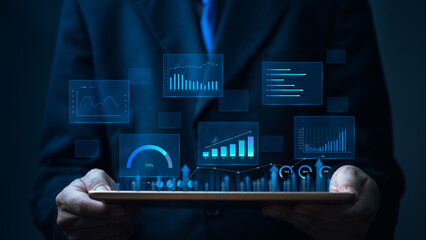 Big data analytics diagrams and graphs on virtual screen.business intelligence analysis internet ,financial chart and market report technology concept.