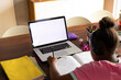 © WavebreakMediaMicro - African american girl doing schoolwork using laptop at home, copy space on screen