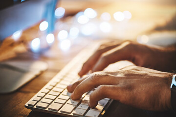 Aufkleber - Hands, keyboard and closeup of man typing while doing research on a computer in the office at night. Professional, technology and male employee working overtime on a deadline project in the workplace