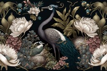 Royal Birds, Crane, Peacock, Heron. Luxury Wallpaper, Mural. Tropical Seamless Pattern, Vintage Background, 3d Art, Texture. Aesthetic Garden Flowers, Peony, Tulip, Iris, Narcissus, Generative AI