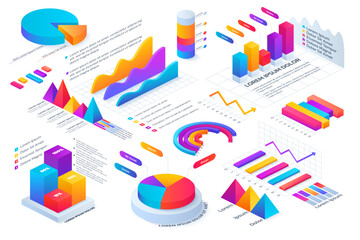Poster - Isometric graph, chart and modern business diagrams. 3d data bar, graphic lines and numbers, design timeline. Finance presentation, visualization elements. Vector background, graphic icons set