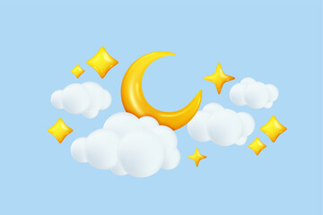 Wall Mural - 3d moon. Sleep baby clouds, dream gold icons, lullaby for insomnia, night or light day sky and stars, crescent and fluffy clouds, stars. Celestial composition. Vector cartoon render elements