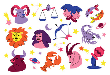 Wall Mural - zodiac signs. cute pisces, aries and taurus icons, sagittarius, leo and capricorn, abstract aquarius