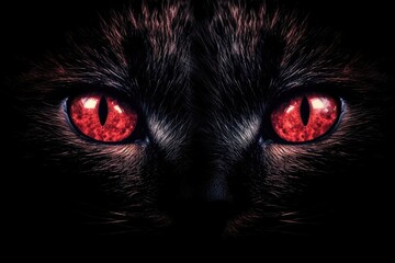 A close-up of a cat’s face with glowing red eyes in the darkness Generative AI