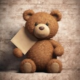 Fototapeta  - A teddy bear sitting on a wooden surface with a blank paper in its paws. The bear has a sad expression and is looking down at the paper. 