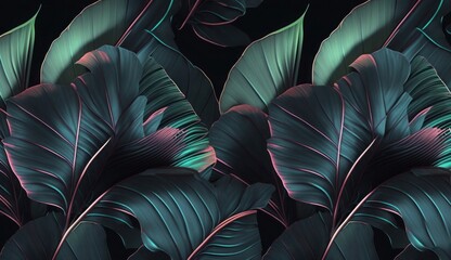 Tropical exotic seamless pattern with neon light color banana leaves, palm on night dark background. Premium hand-drawn textured vintage 3D illustration. Good for luxury wallpapers, Generative AI
