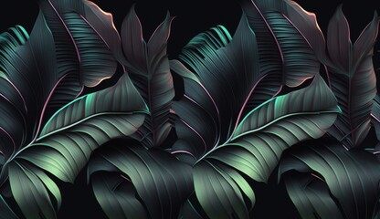 Tropical exotic seamless pattern with neon light color banana leaves, palm on night dark background. Premium hand-drawn textured vintage 3D illustration. Good for luxury wallpapers, Generative AI
