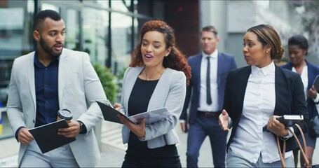 Aufkleber - Planning, walking and collaboration with a business team in the city on their morning commute together for work. Teamwork, corporate or professional with a man and woman employee group out in a town