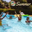Composite of hello summer text over multiracial friends playing with pool ball in swimming pool