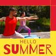 Composition of hello summer text over caucasian friends exercising yoga in garden