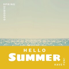 Wall Mural - Composite of hello summer and have fun text and scenic view of sea and horizon against clear sky