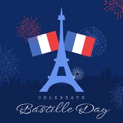 Wall Mural - Composition of celebrate bastille day text over flags of france and eiffel tower