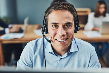 Poster - Businessman, call center and portrait smile for customer service, support or telemarketing at the office. Man employee, consultant or agent smiling for online advice, help or assistance in contact us