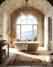 Master Bathroom In An Italian Stone Farmhouse - Architectur Photo Created Using Generative AI Tools