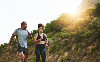Poster - Fitness, nature and couple walking by a mountain training for a race, marathon or competition. Sports, exercise and African athletes or runners doing outdoor running cardio workout together at sunset