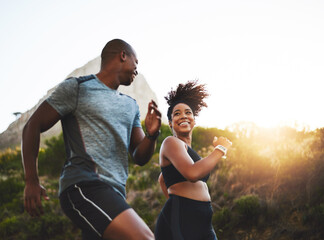 Sticker - Fitness, energy and athletes running in nature by a mountain training for race, marathon or competition. Sports, health and African couple doing outdoor cardio workout or exercise together at sunset.