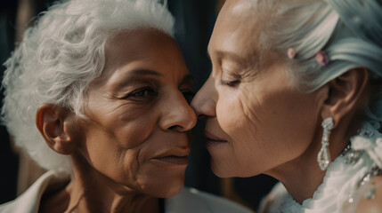 Wall Mural - Old women lesbian couple. marrage Black and Caucasian female bride in love. LGBT pride month celebration generative ai