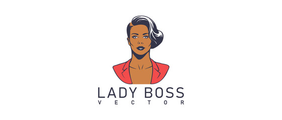 Wall Mural - Vector portrait or emblem. Tanned boss lady with trendy hairstyle and suit. Business lady. Logo. White isolated background.