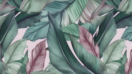 Wall Mural - Tropical exotic luxury seamless pattern with pastel color banana leaves, palm, colocasia. Hand-drawn 3D illustration. Vintage glamorous art design. Good for wallpapers, Generative AI