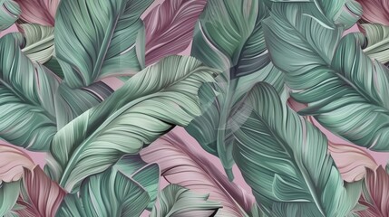  Tropical exotic luxury seamless pattern with pastel color banana leaves, palm, colocasia. Hand-drawn 3D illustration. Vintage glamorous art design. Good for wallpapers, Generative AI