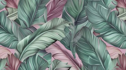 Wall Mural - Tropical exotic luxury seamless pattern with pastel color banana leaves, palm, colocasia. Hand-drawn 3D illustration. Vintage glamorous art design. Good for wallpapers, Generative AI