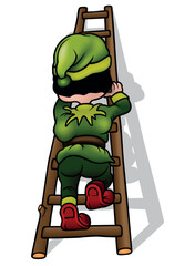 Rear View of a Dwarf in Green Clothes Climbing a Ladder