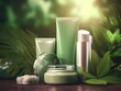 co friendly cosmetics decorated with green leaves, organic facial skincare, makeup and skin care cosmetic items. Green nature in the backgroeund