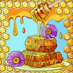 Wall Mural - Illustration of honey and honeycomb with flower