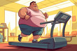 © alexkoral - fat male obese runner runs on treadmill in gym. Running cardio workout to lose excess weight. Cartoon character. Generative AI illustration