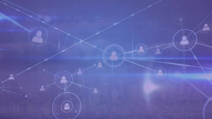 Wall Mural - Animation of network of profile icons and light trail against blue background