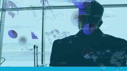 Poster - Animation of data processing against rear view of a businessman talking on smartphone at an airport