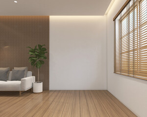 Japan style empty room decorated with minimalist sofa and wood grating wall, white wall and wood floor, window and curtain. 3d rendering