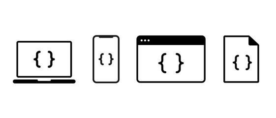 Code device vector icon. Device coding program script sign. App programming window illustration