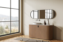 Beige Bathroom Interior With Sink And Dresser, Decoration And Panoramic Window