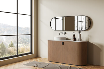 Poster - Beige bathroom interior with sink and dresser, decoration and panoramic window