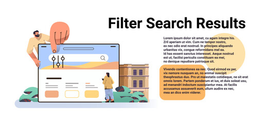 Wall Mural - people using filtering service online application on laptop screen filter search result grouping and
