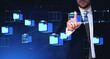 © ImageFlow - Businessman finger touch document management database hologram with folders