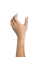 woman hand holding grabbing or measuring something isolated on white background, with clipping path.