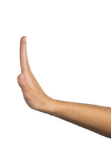 woman hand shows stop gesture isolated on white background, with clipping path. five fingers. full d