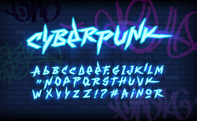 retro type font in 90s - 2000s style cyberpunk sign with neon light style lettering design set. geek