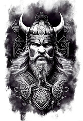 Viking god Odin Wotan in Art black drawn in Charcoal Ink and Pencil