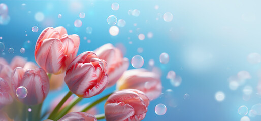 Wall Mural - beautiful flowers tulips on a blue background. generative ai.